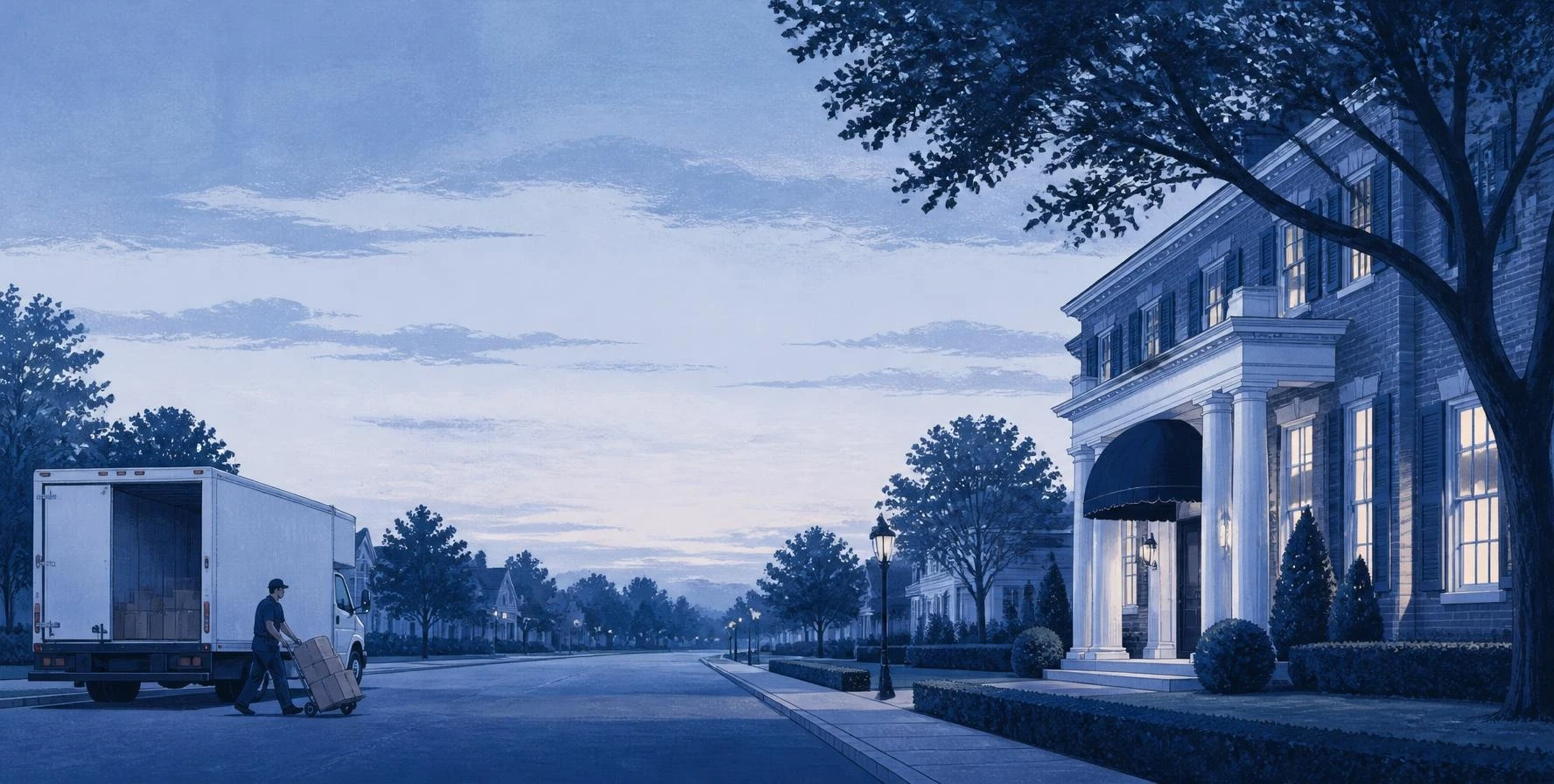 A box truck being unloaded with a dolly outside a brick funeral home at dawn
